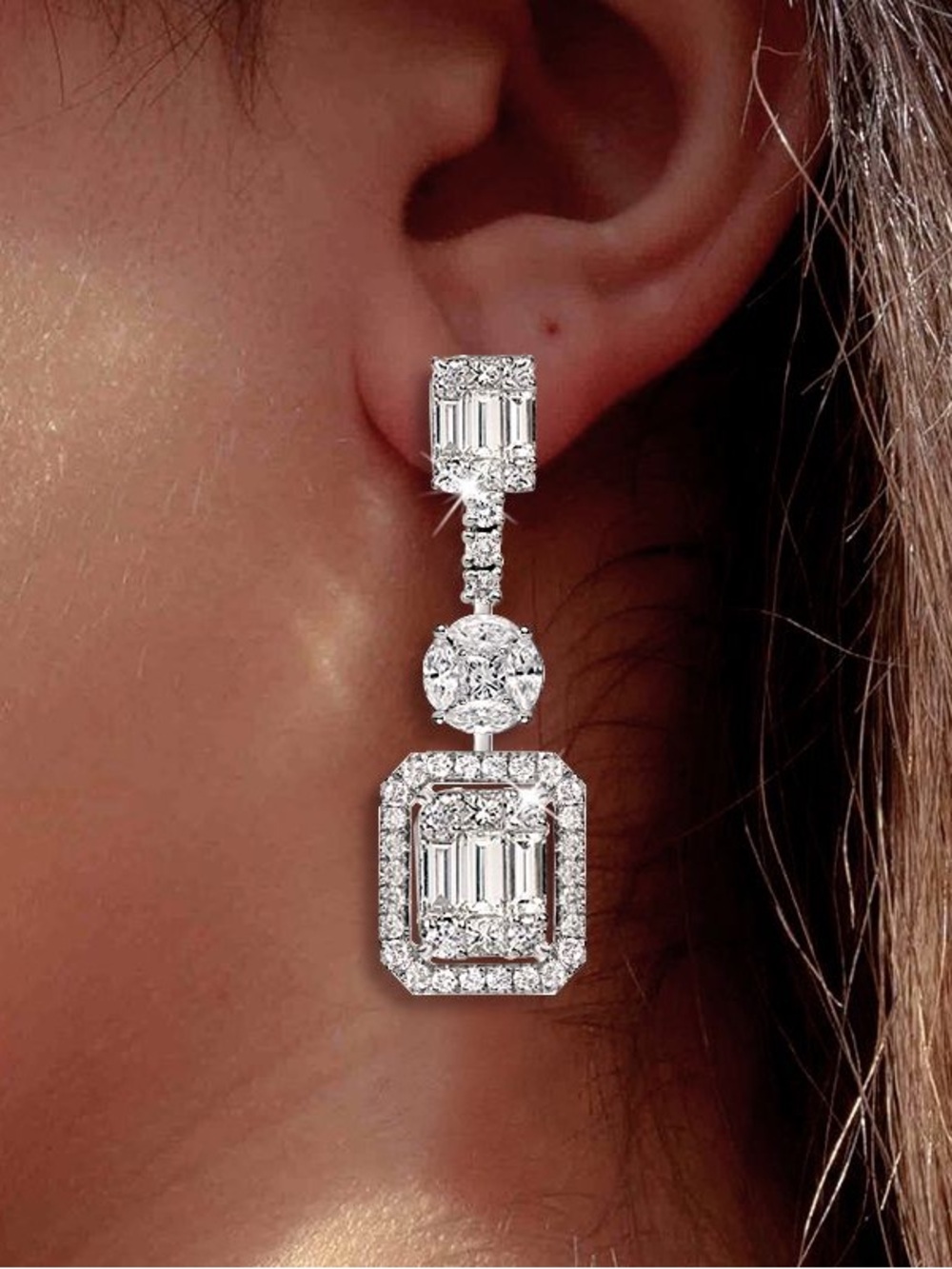 Luxury Baguette & Round Cut White Sapphire Drop Earrings For Women